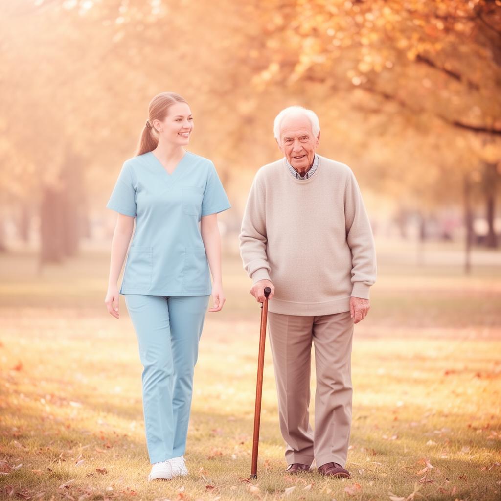 Caregiver walking with an elderly man outdoors